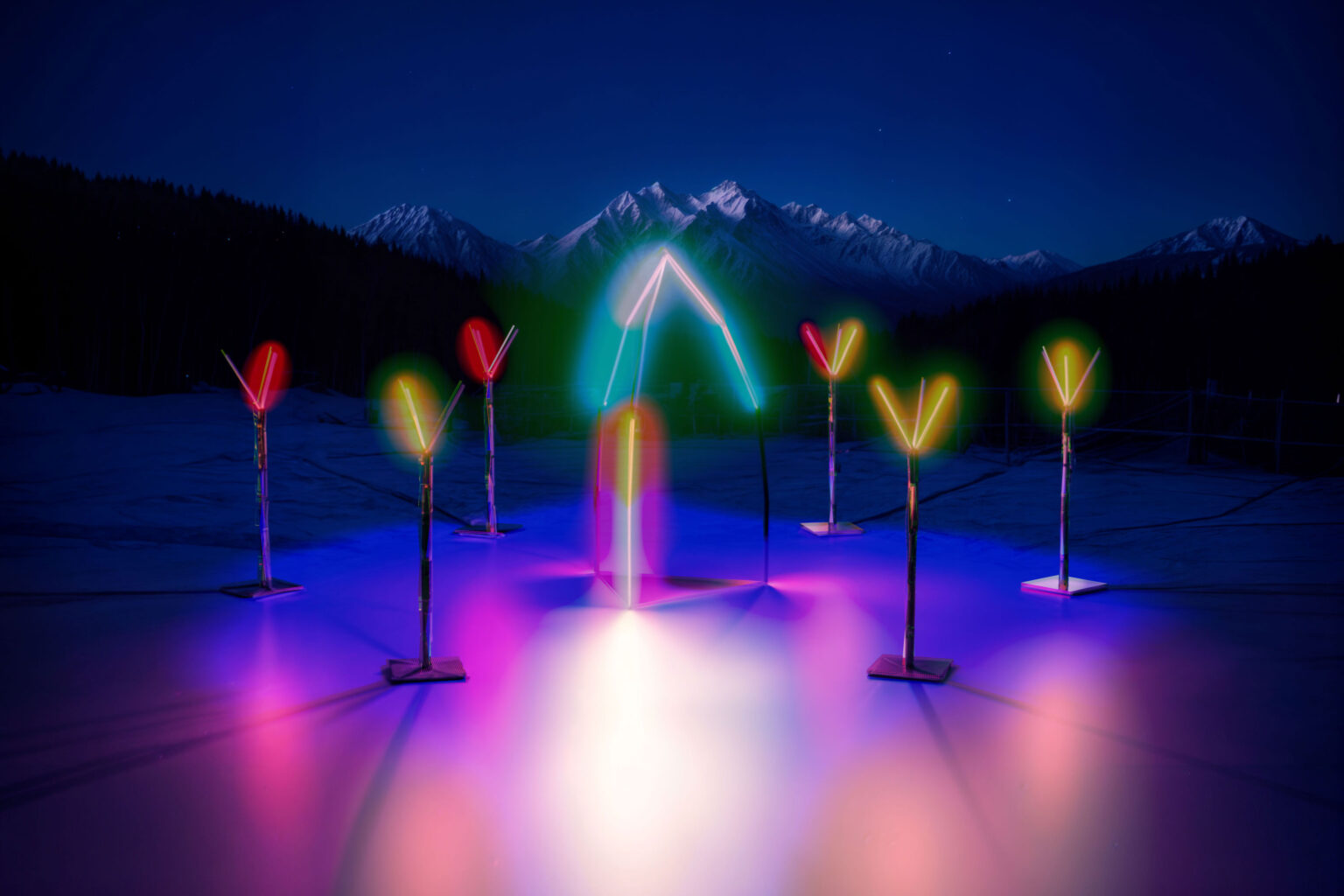 Colorful neon lights in snowy mountain landscape