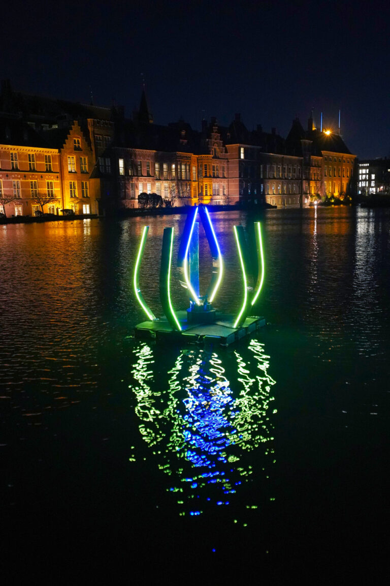 Neon installation on water with historic buildings background.