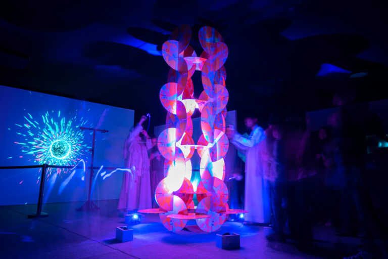 Interactive light sculpture at a science museum exhibit.