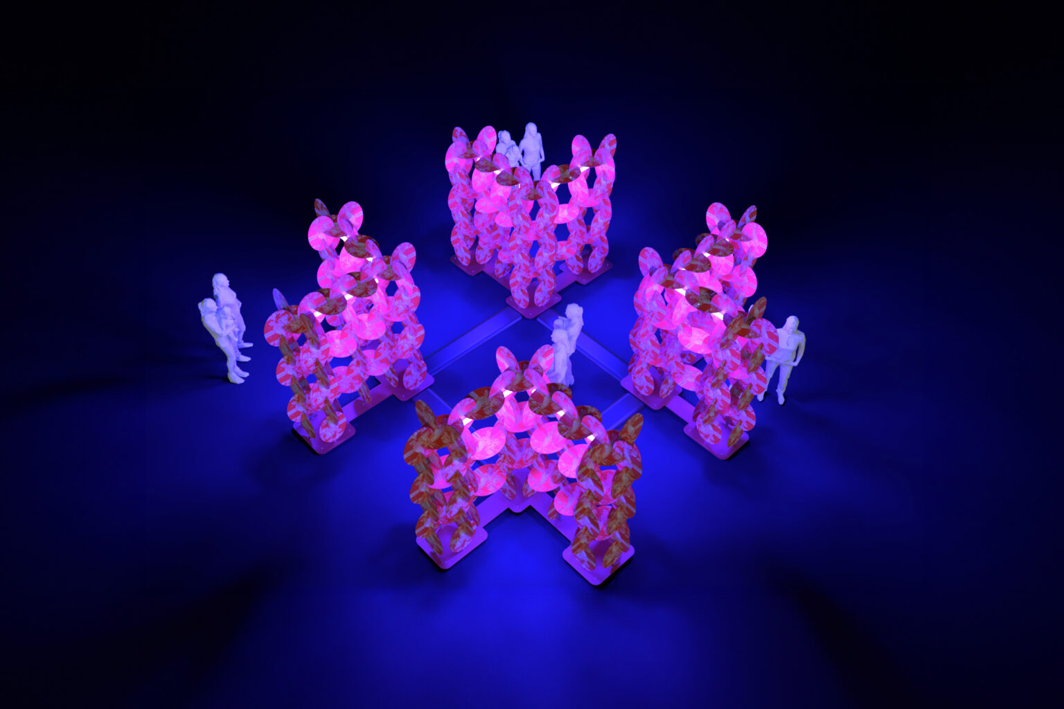 Illuminated geometric structure with human figures
