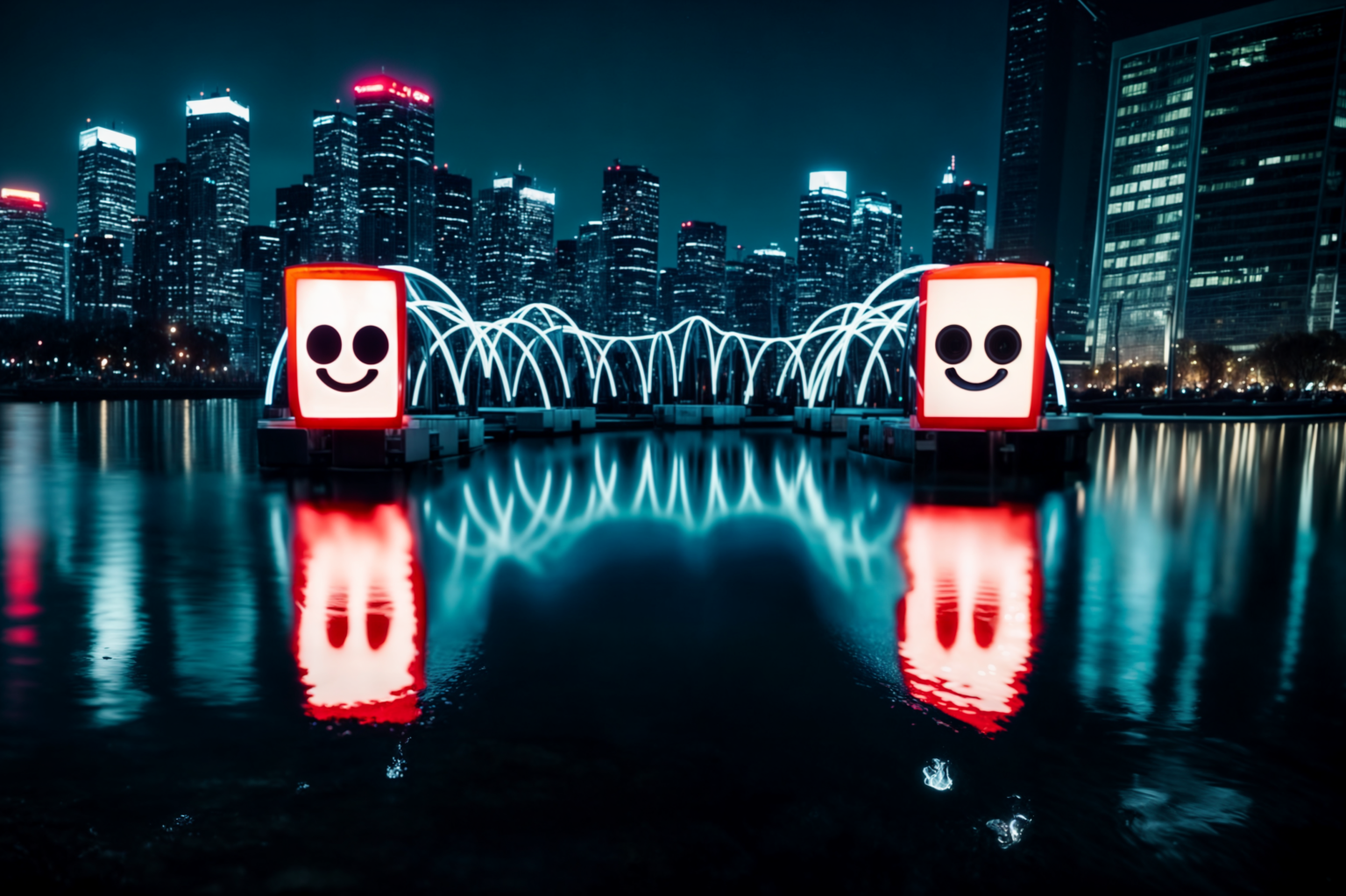 Smiling lights with cityscape and reflections at night.
