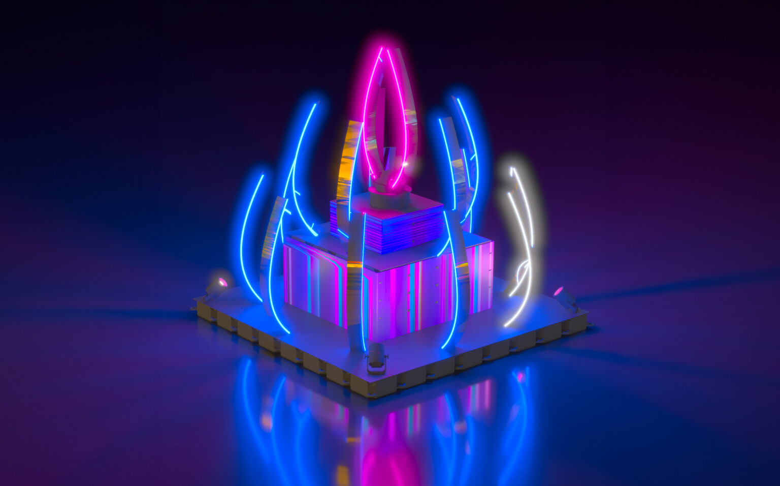 Futuristic neon-lit geometric sculpture on reflective surface.